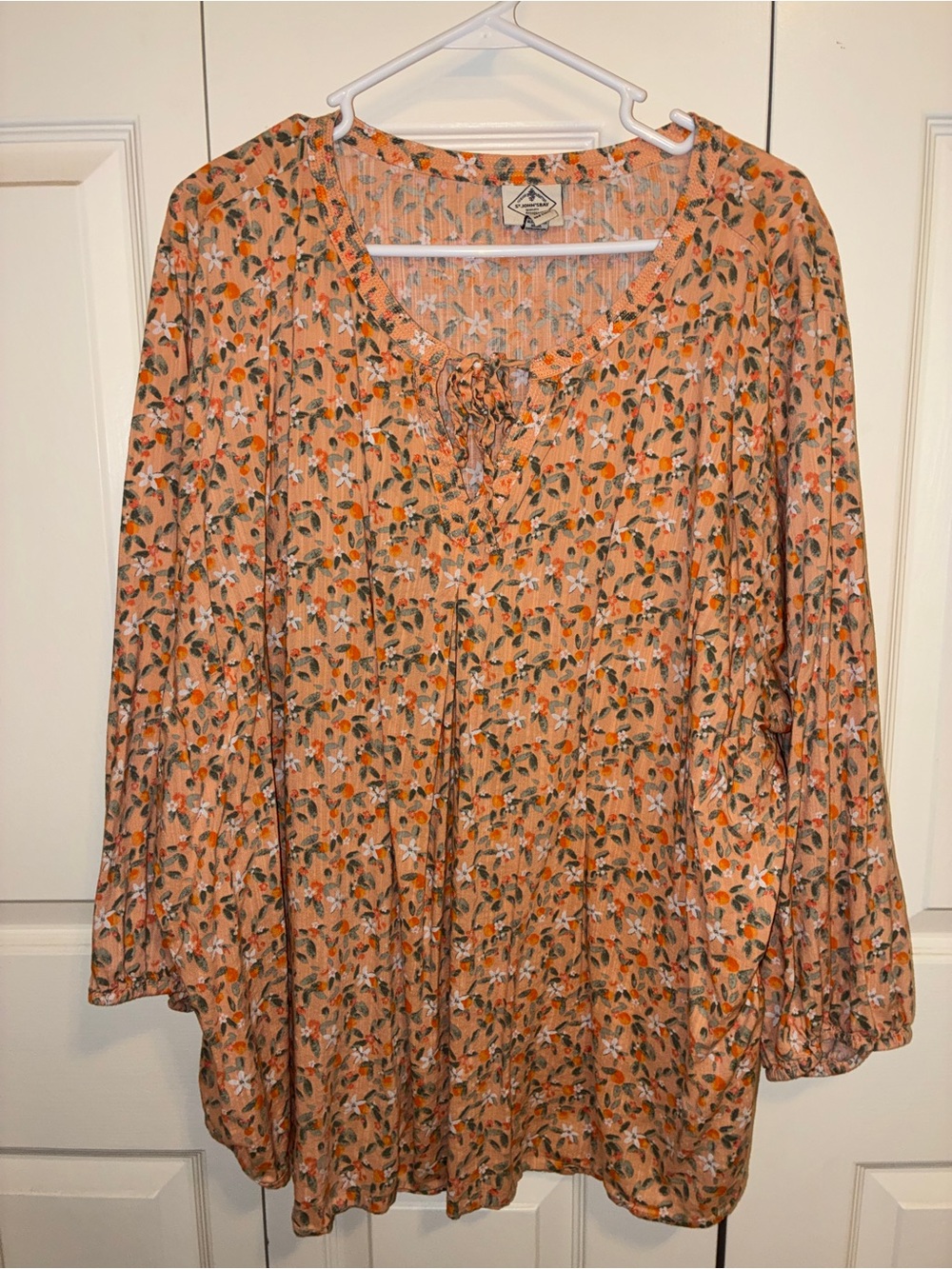 St. John's Bay Peach Floral Tie-Front Peasant Top
